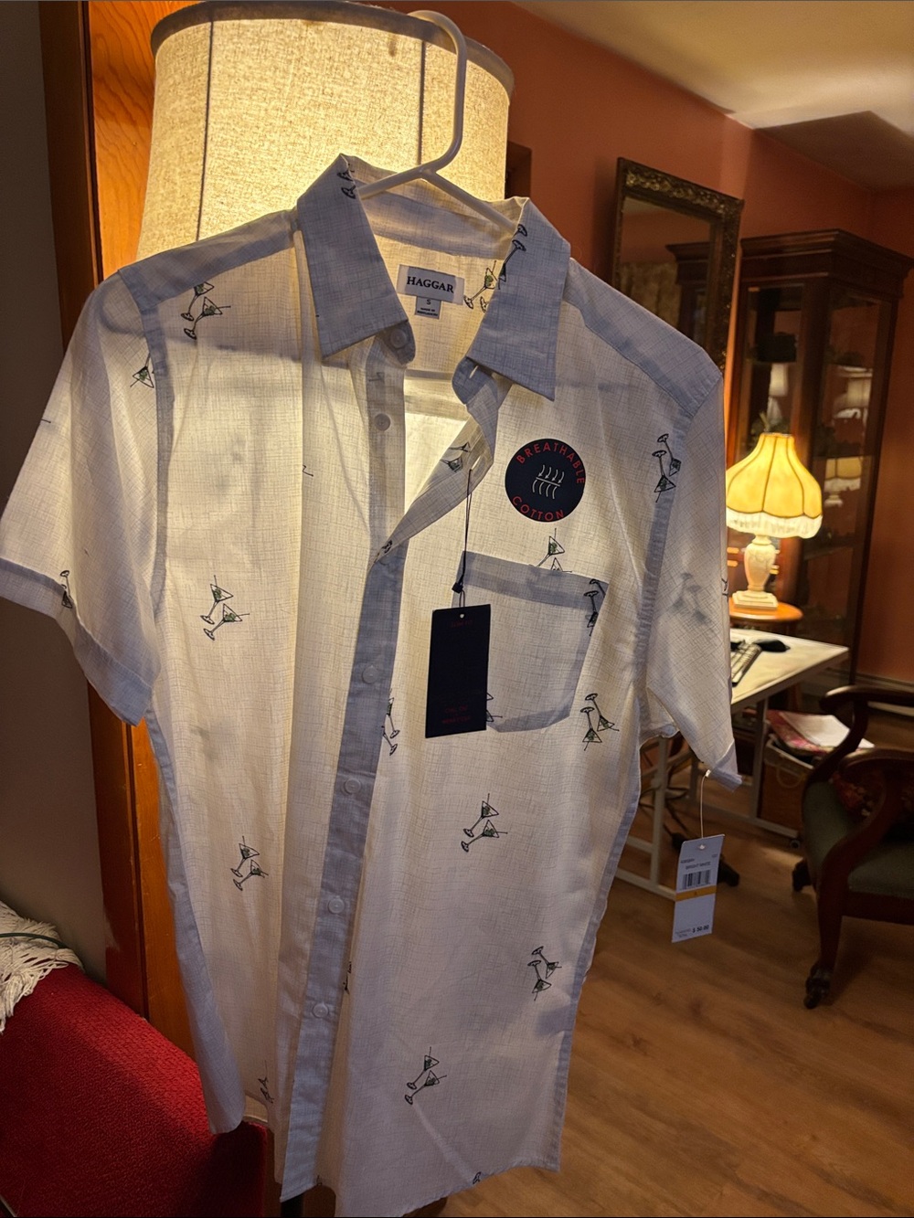 Haggar Short-Sleeve Button-Up Shirt in White with Navy Accent